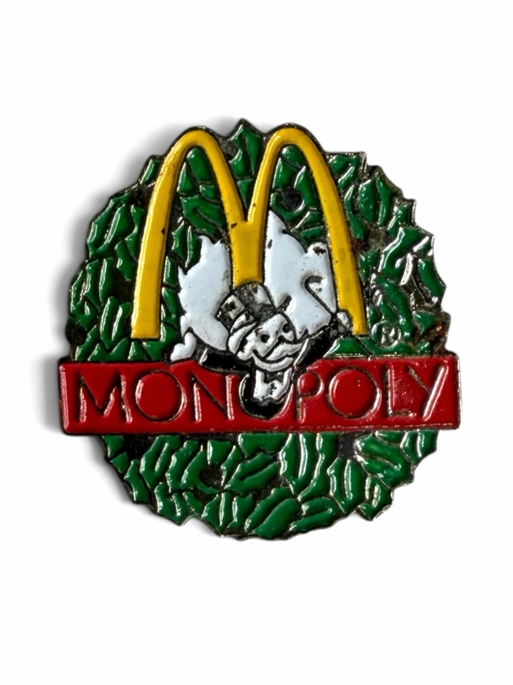Vintage 1995 Mcdonalds Monopoly Mascot Lapel Pin Christmas Wreath Golden Arches